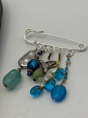 Handcrafted Blue Bead and Hummingbird Charm Brooch Scarf Layering